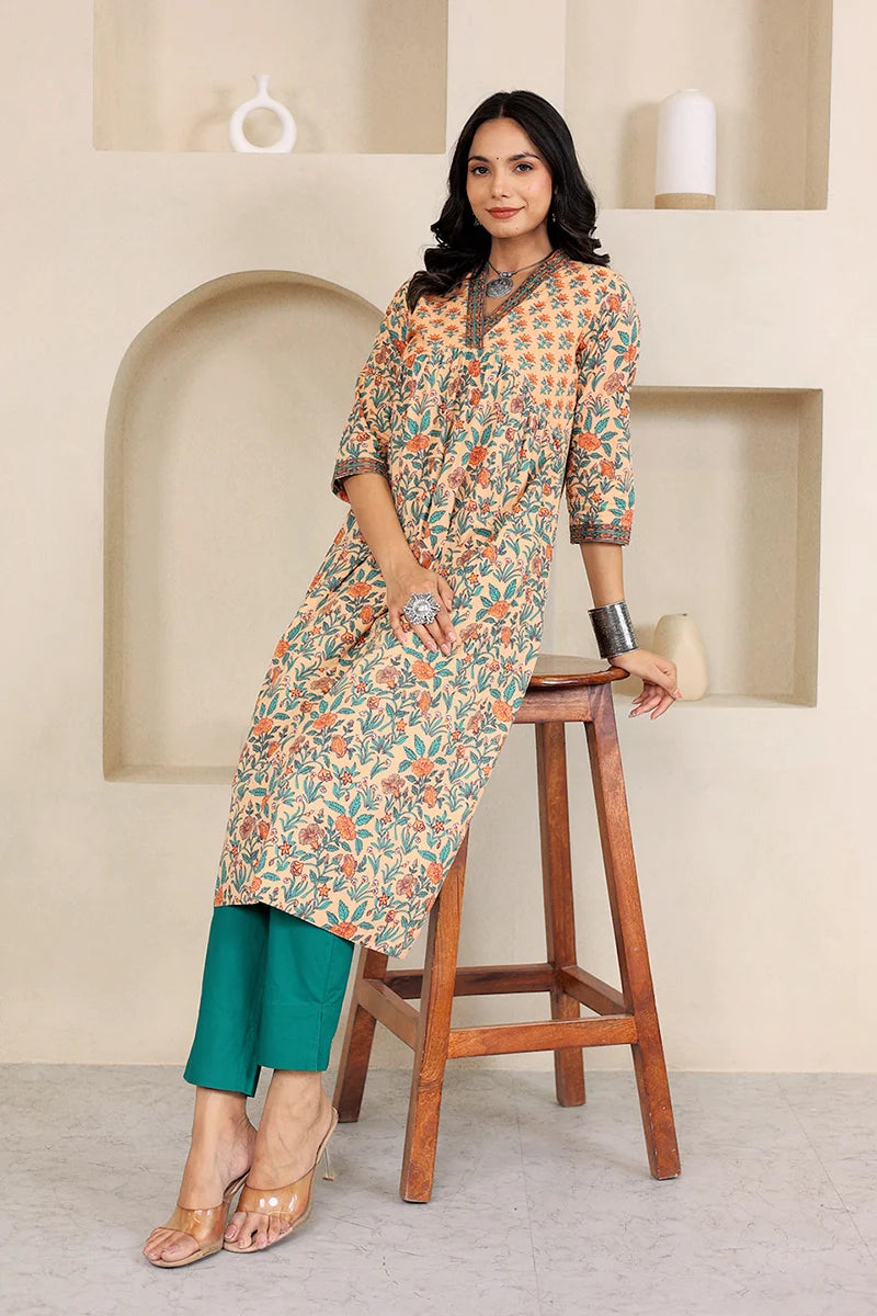 Light Orange Floral Printed V Neck Kurta