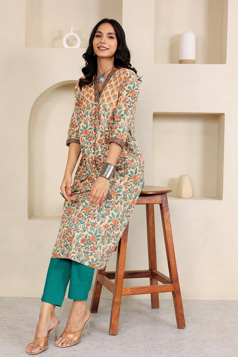 Light Orange Floral Printed V Neck Kurta