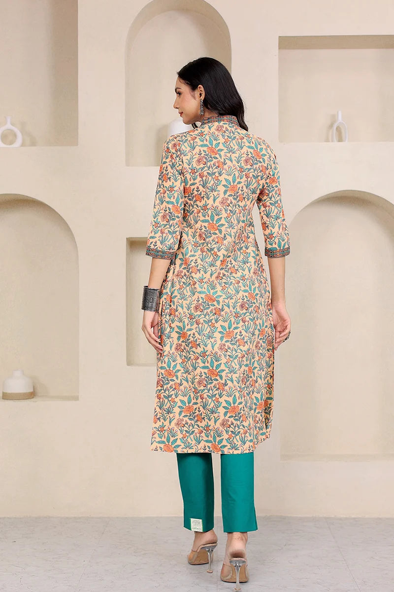 Light Orange Floral Printed V Neck Kurta