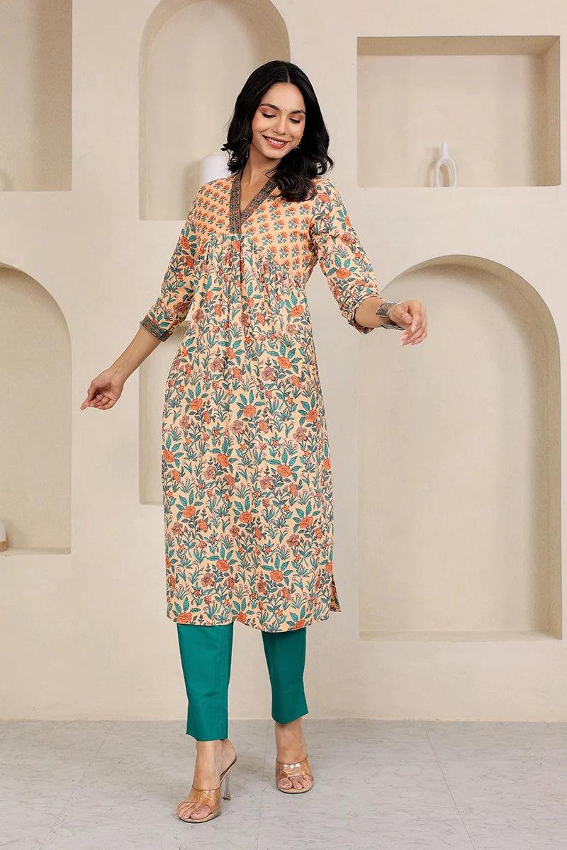 Light Orange Floral Printed V Neck Kurta
