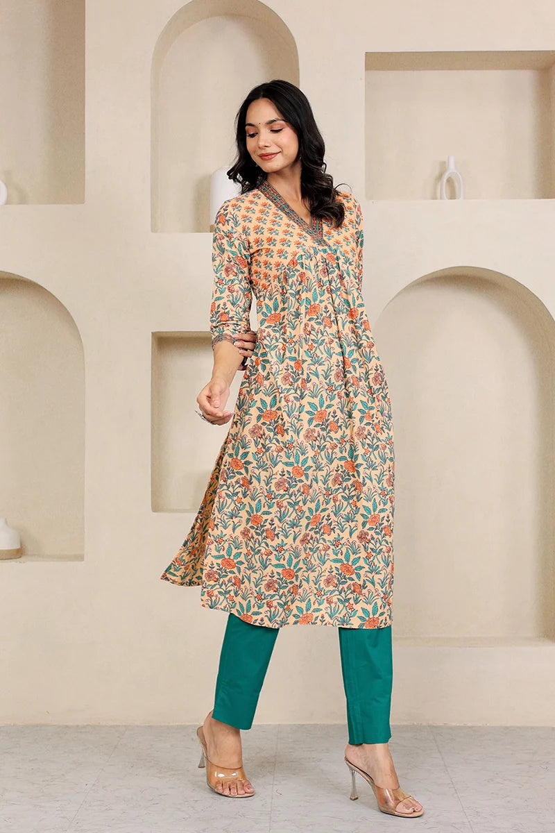 Light Orange Floral Printed V Neck Kurta