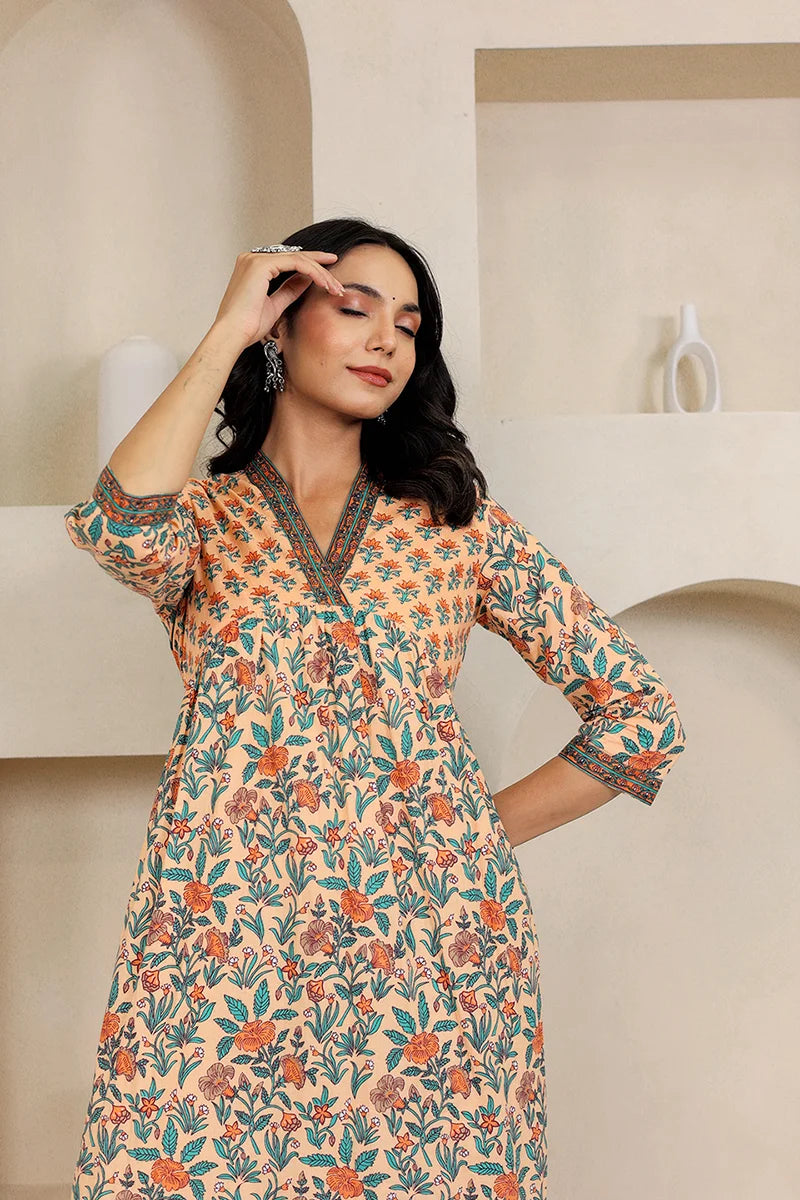Light Orange Floral Printed V Neck Kurta