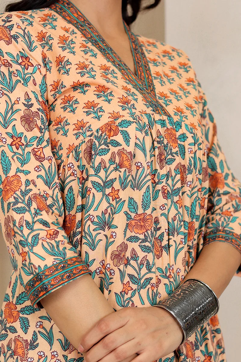 Light Orange Floral Printed V Neck Kurta