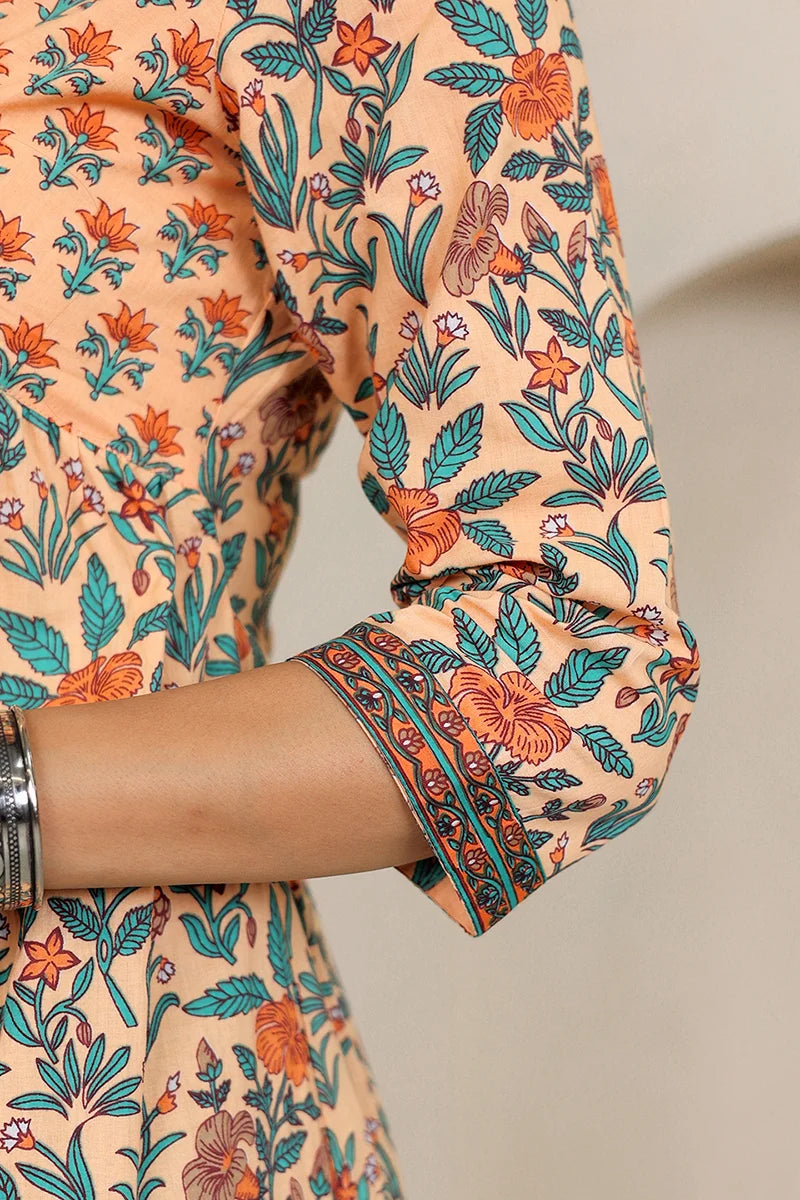Light Orange Floral Printed V Neck Kurta
