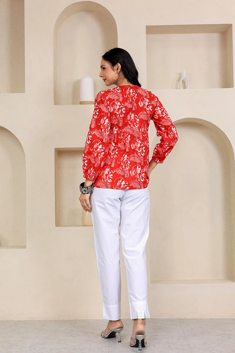 Red Hand Block Printed Tired Top