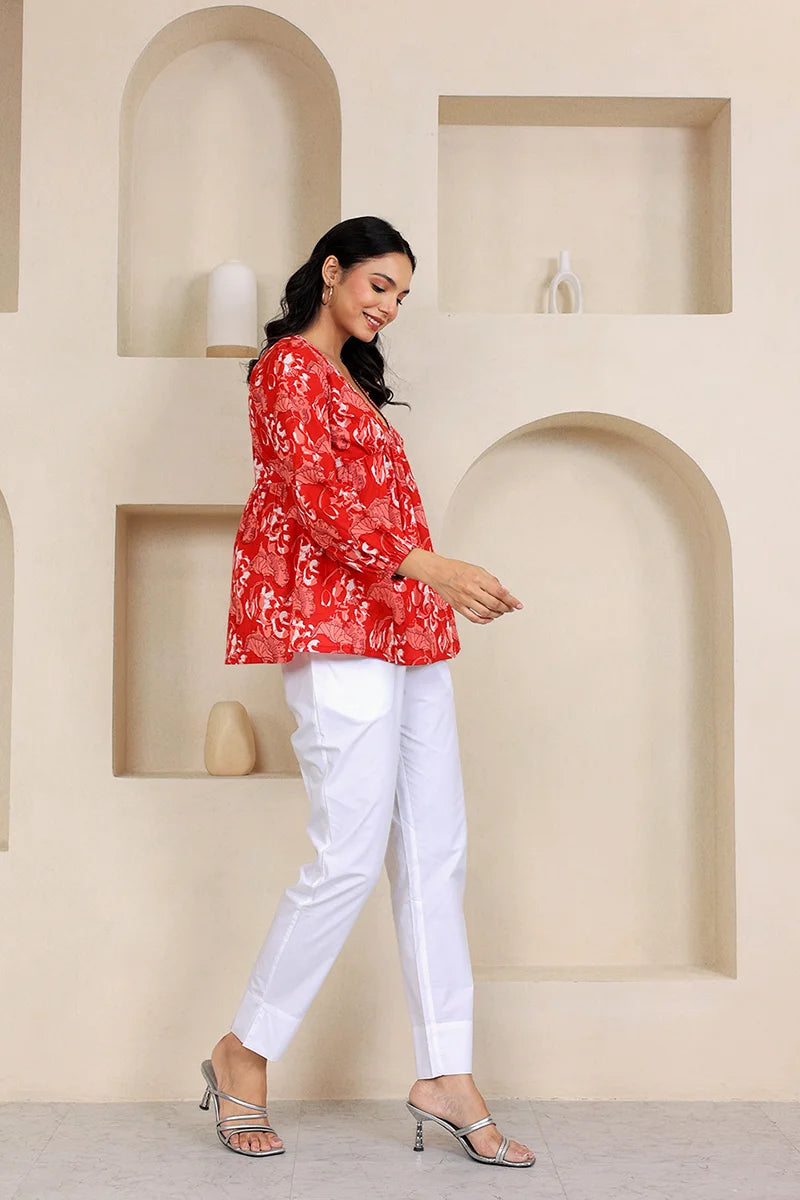 Red Hand Block Printed Tired Top