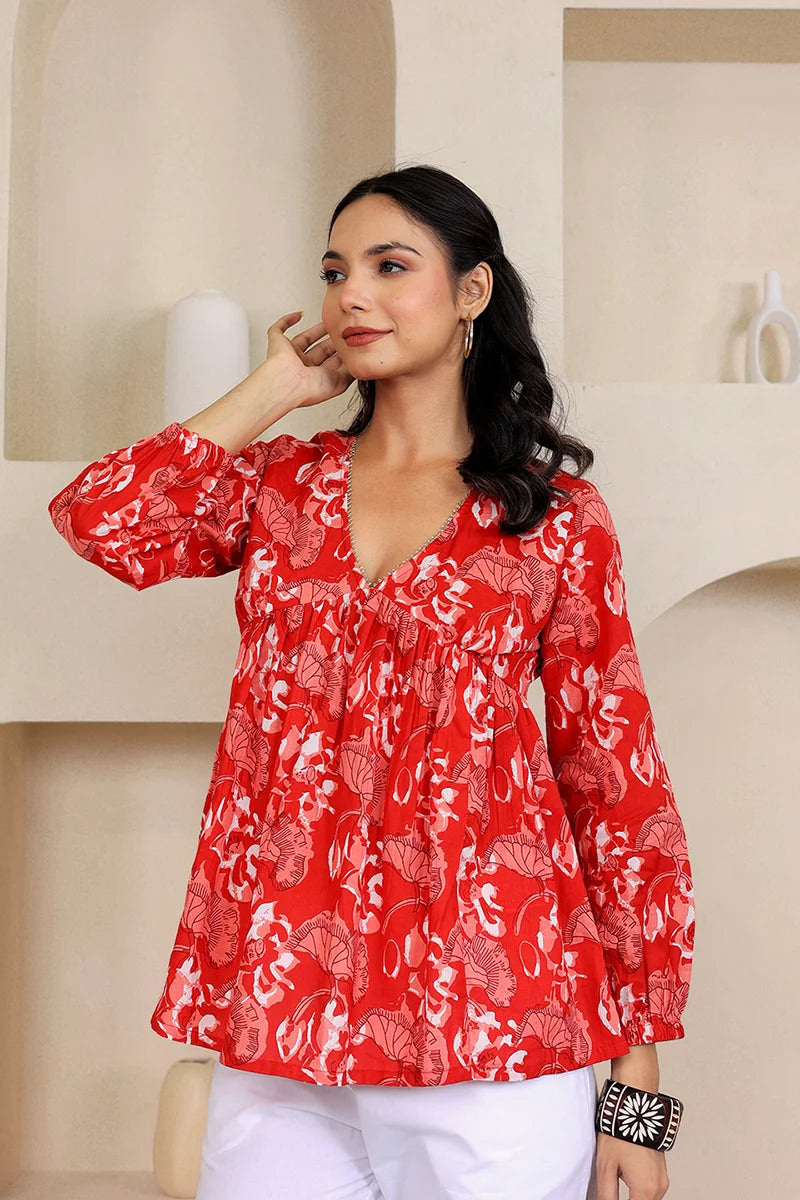 Red Hand Block Printed Tired Top