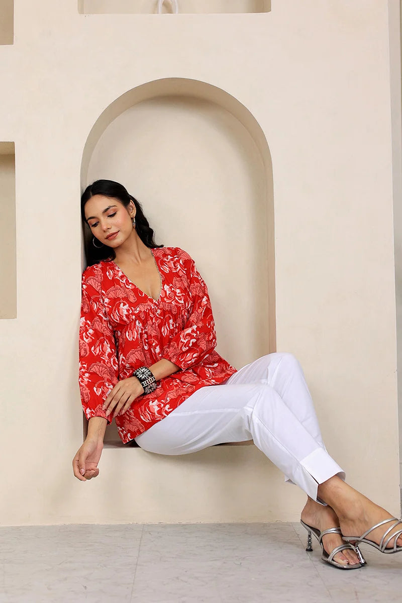 Red Hand Block Printed Tired Top