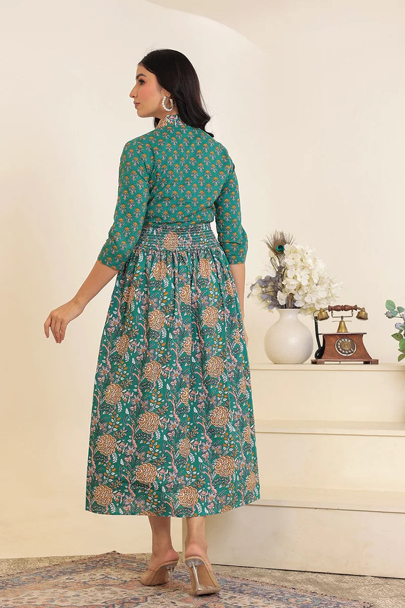 Green Flower Printed Dress with Inner