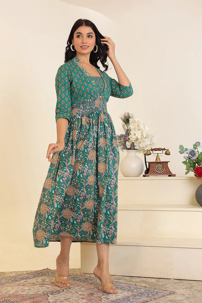 Green Flower Printed Dress with Inner