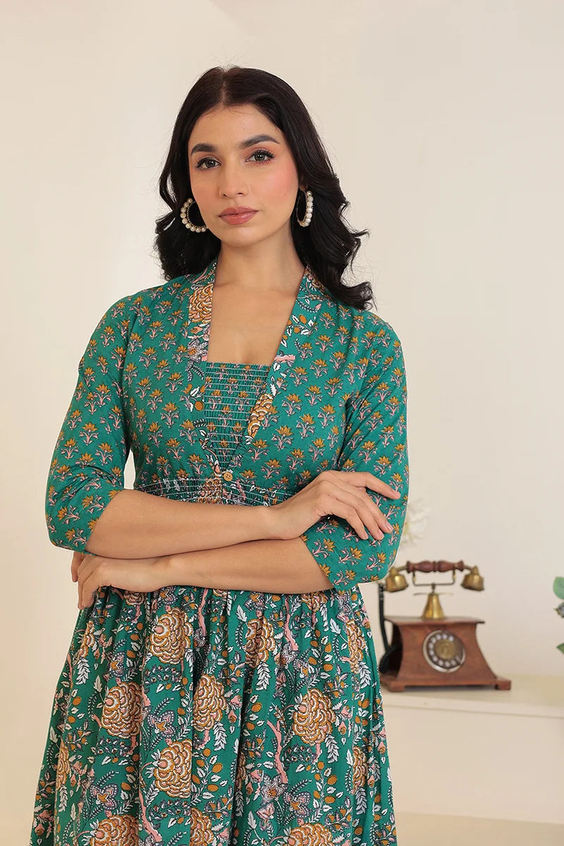 Green Flower Printed Dress with Inner