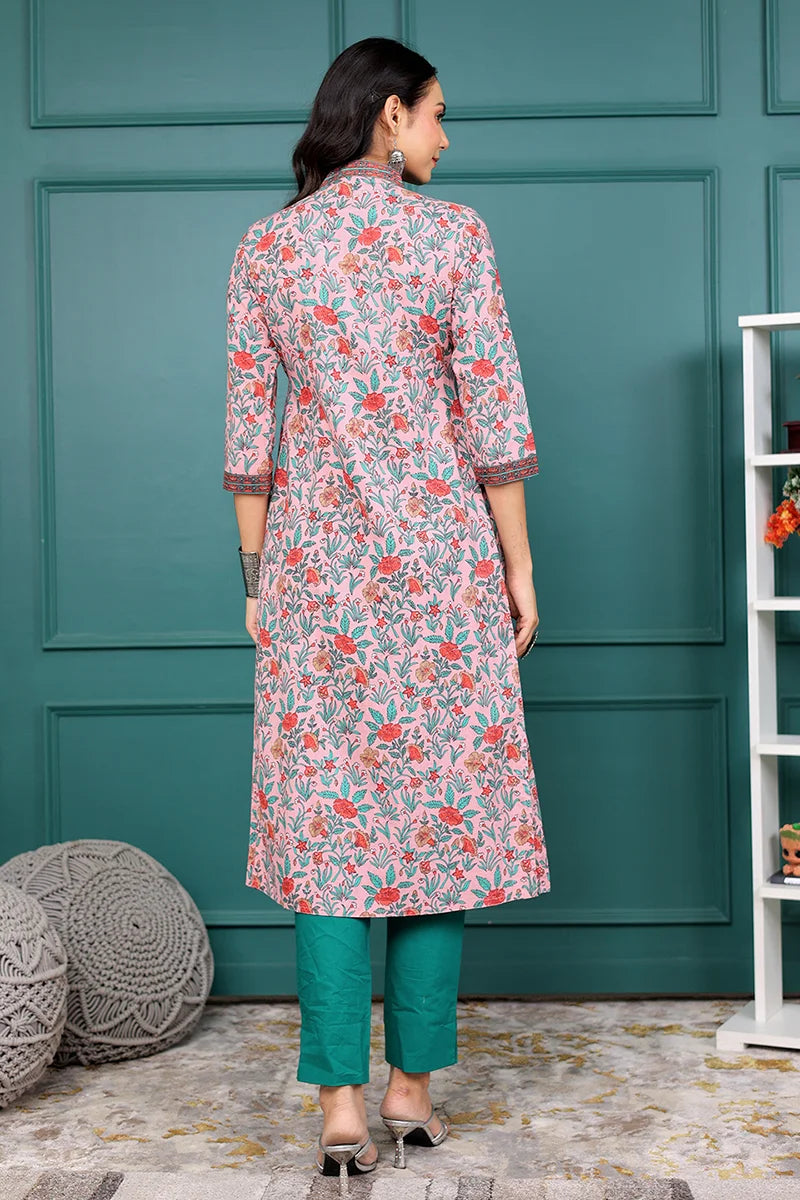 Light Pink Floral Printed V Neck Kurta