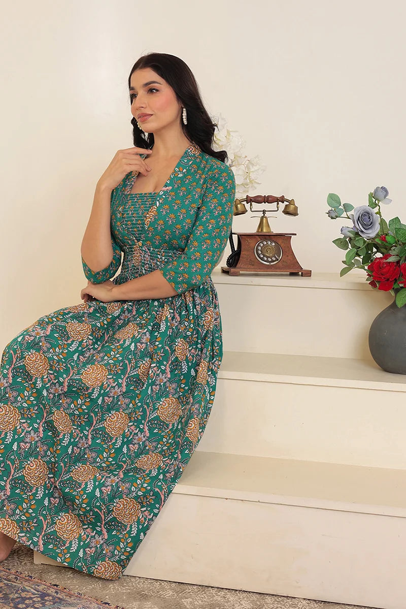 Green Flower Printed Dress with Inner
