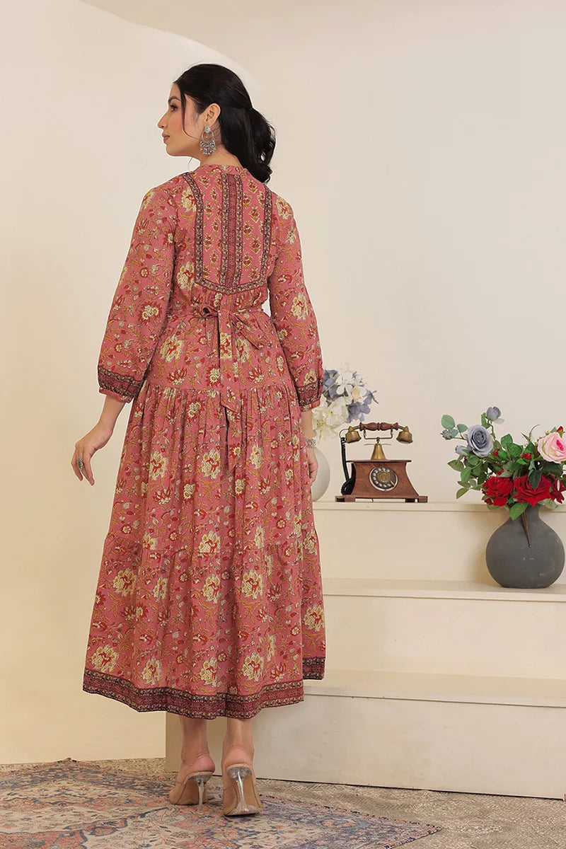 Brown Floral Printed Bishop Sleeves Ethnic A-Line Maxi Dress
