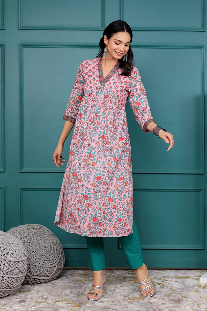 Light Pink Floral Printed V Neck Kurta