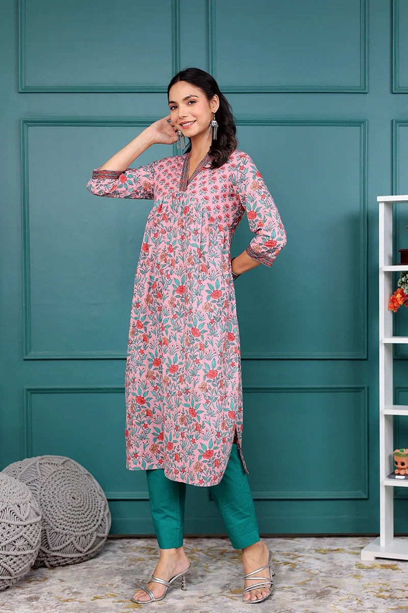 Light Pink Floral Printed V Neck Kurta
