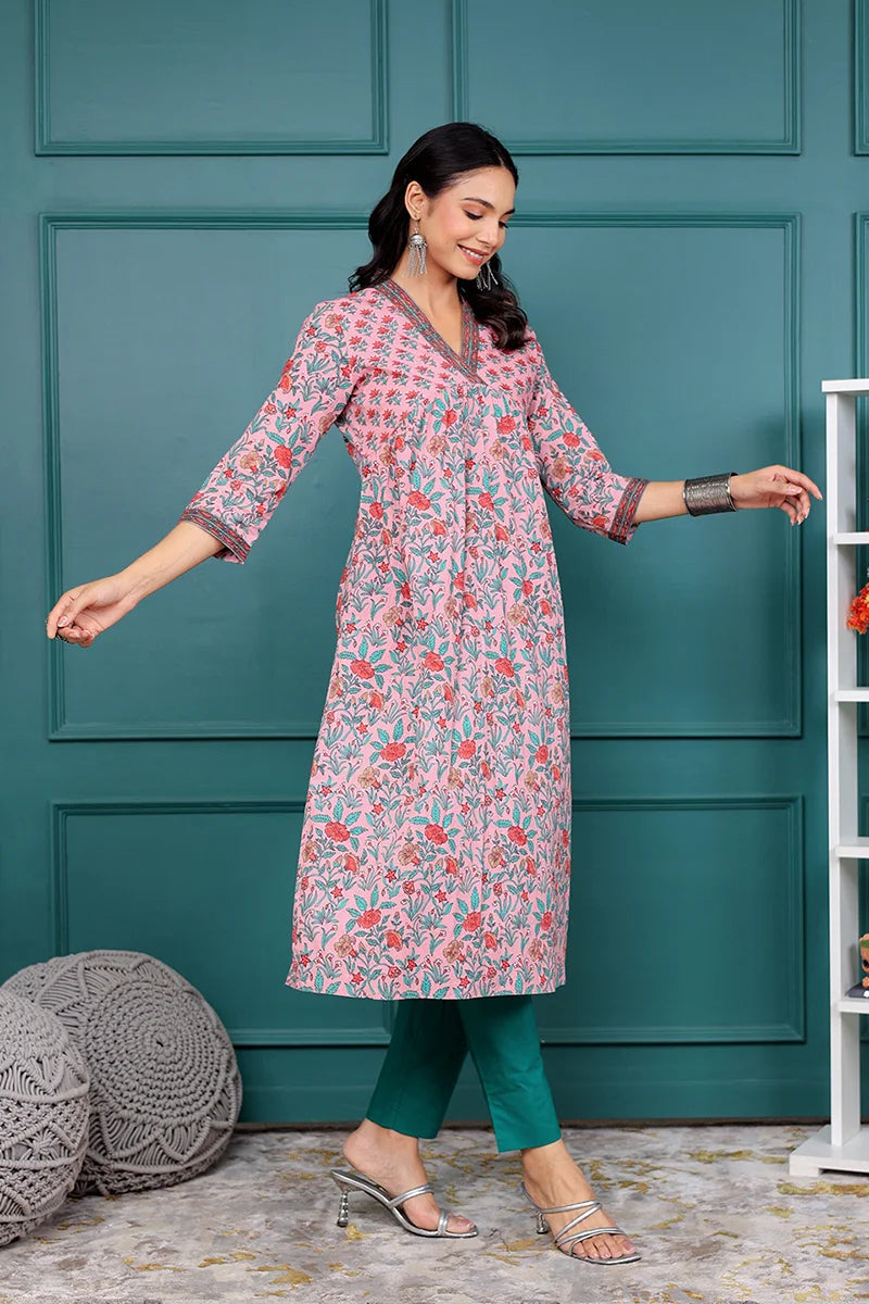 Light Pink Floral Printed V Neck Kurta