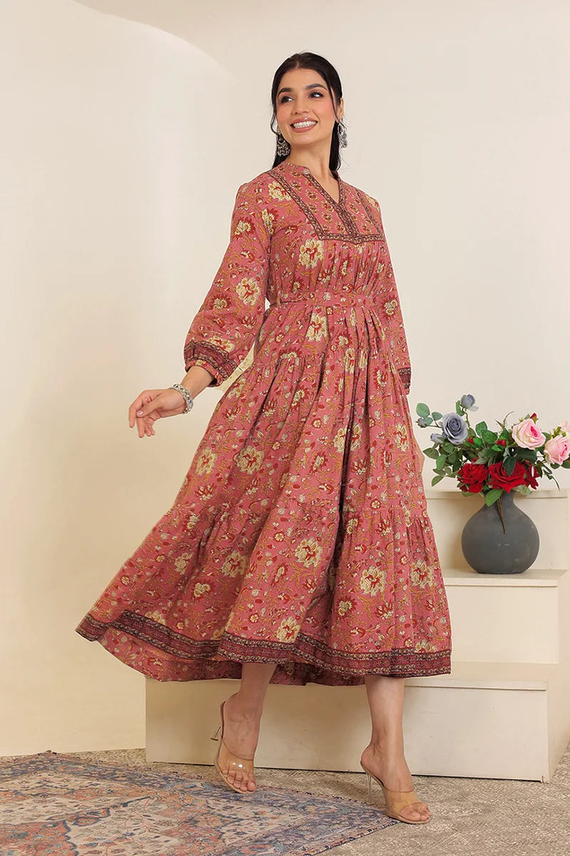 Brown Floral Printed Bishop Sleeves Ethnic A-Line Maxi Dress