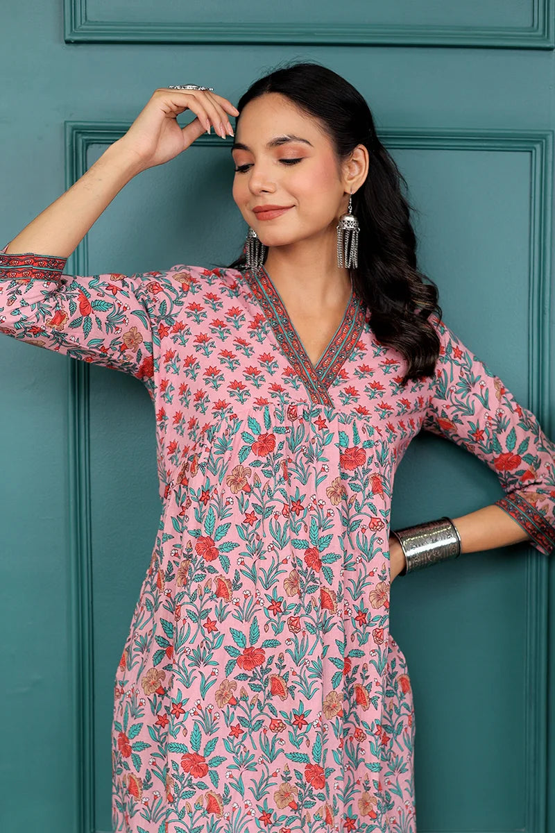Light Pink Floral Printed V Neck Kurta