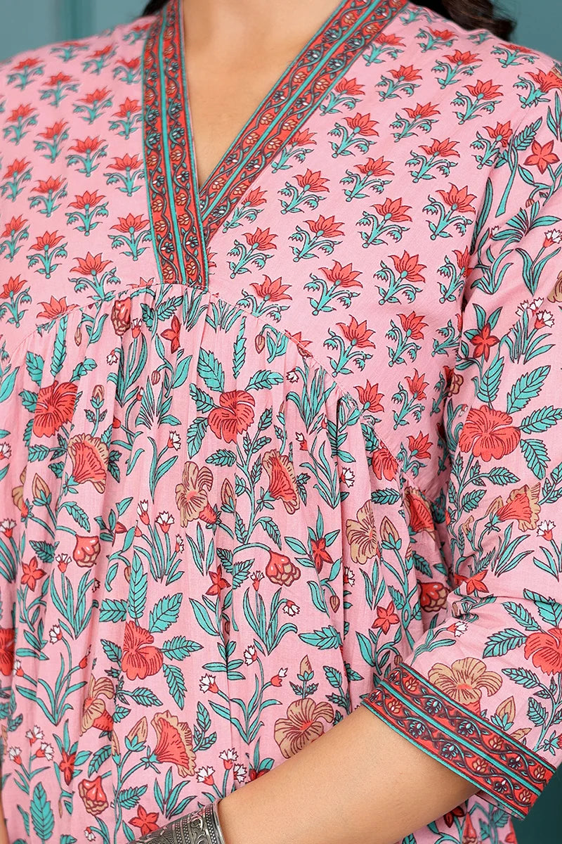 Light Pink Floral Printed V Neck Kurta