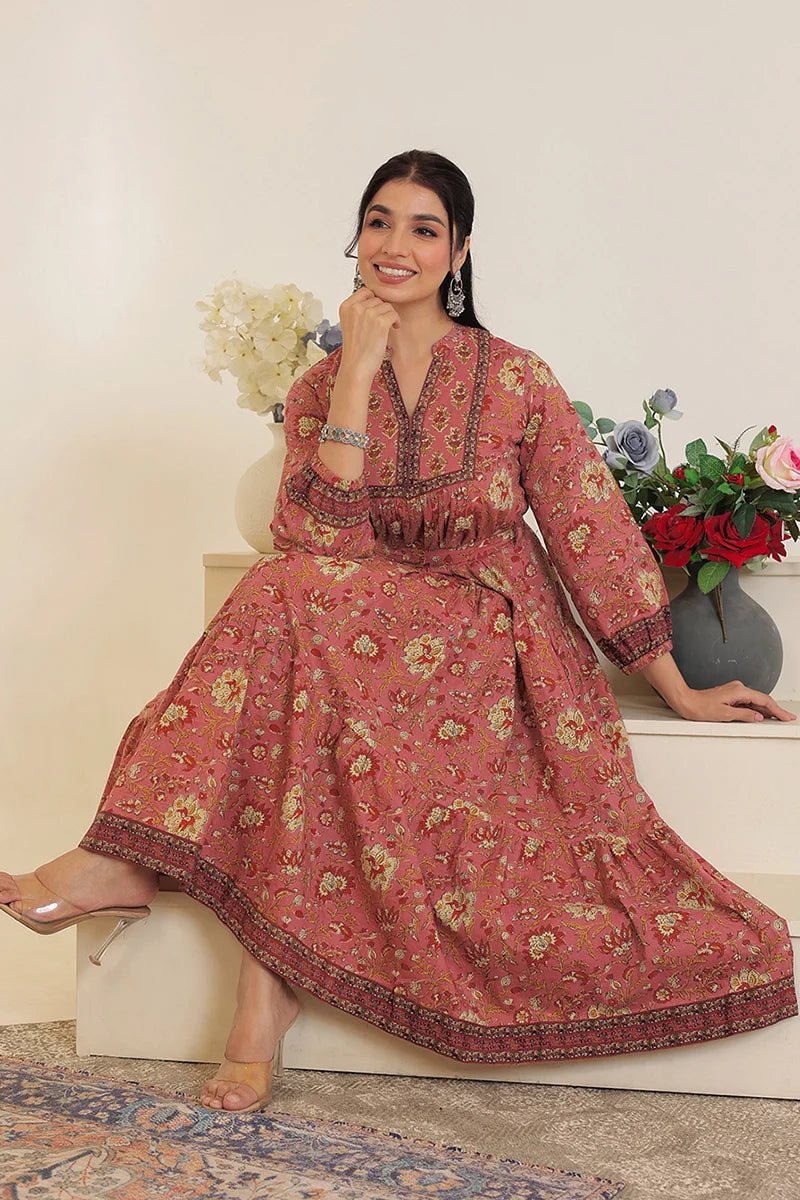 Brown Floral Printed Bishop Sleeves Ethnic A-Line Maxi Dress