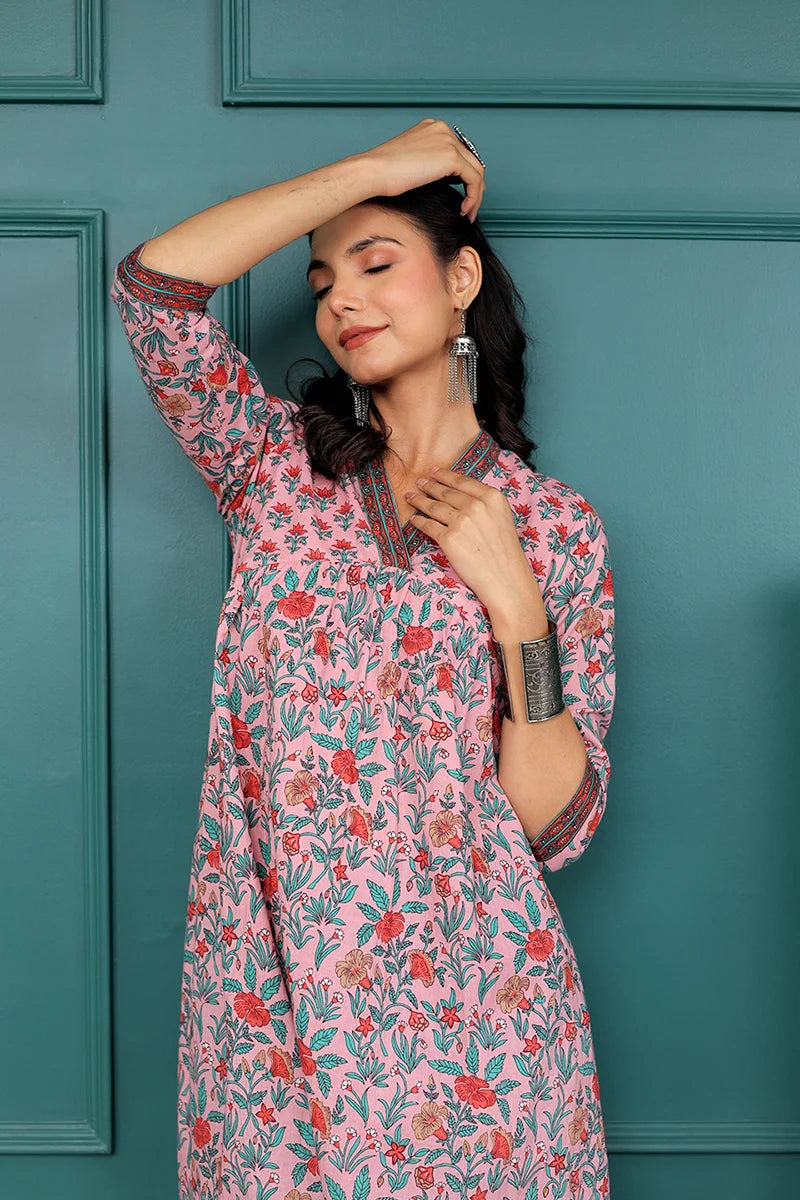 Light Pink Floral Printed V Neck Kurta