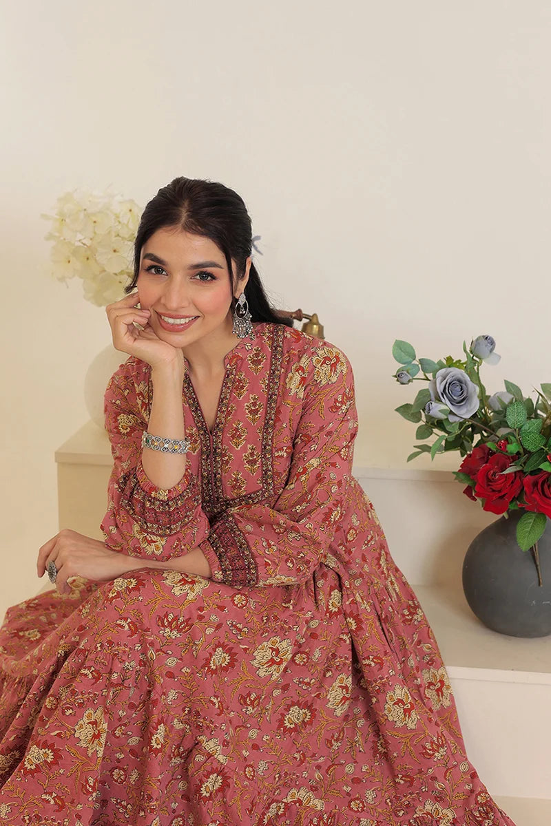 Brown Floral Printed Bishop Sleeves Ethnic A-Line Maxi Dress