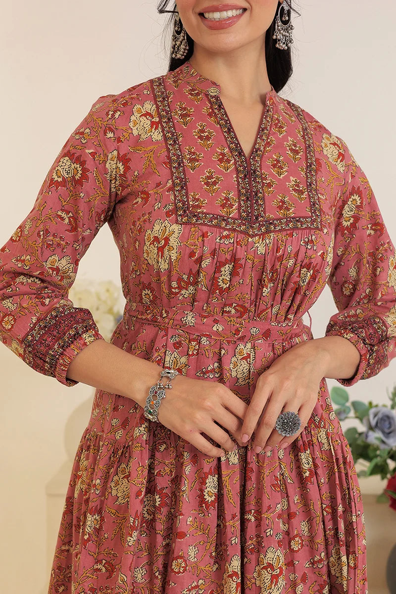 Brown Floral Printed Bishop Sleeves Ethnic A-Line Maxi Dress