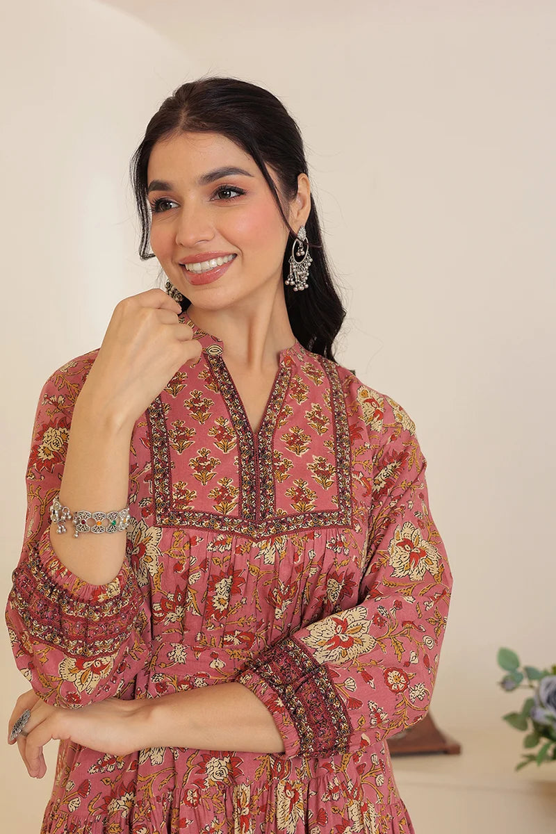 Brown Floral Printed Bishop Sleeves Ethnic A-Line Maxi Dress