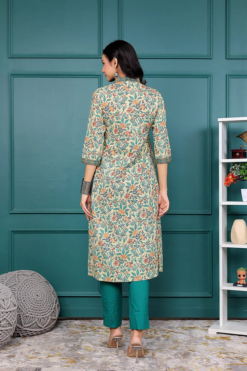 Light Yellow Floral Printed V Neck Kurta