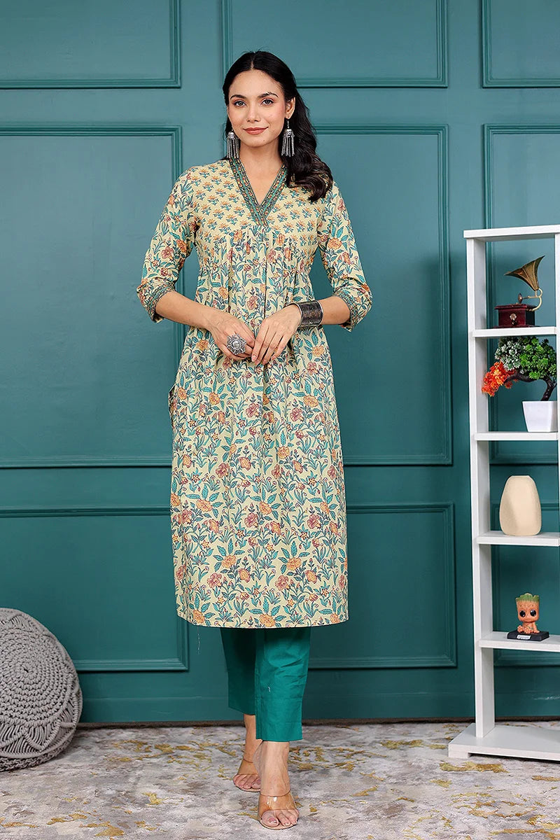 Light Yellow Floral Printed V Neck Kurta