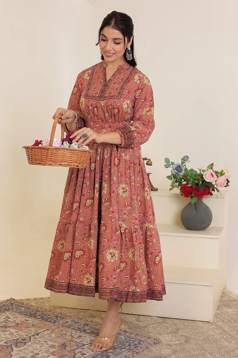 Brown Floral Printed Bishop Sleeves Ethnic A-Line Maxi Dress