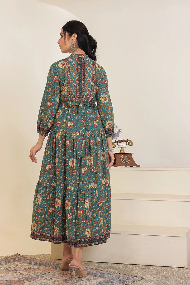 Green Floral Printed Bishop Sleeves Ethnic A-Line Maxi Dress