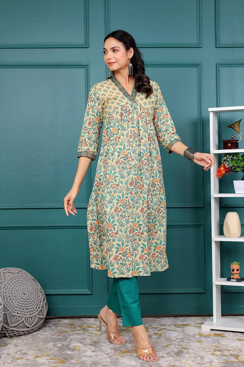 Light Yellow Floral Printed V Neck Kurta