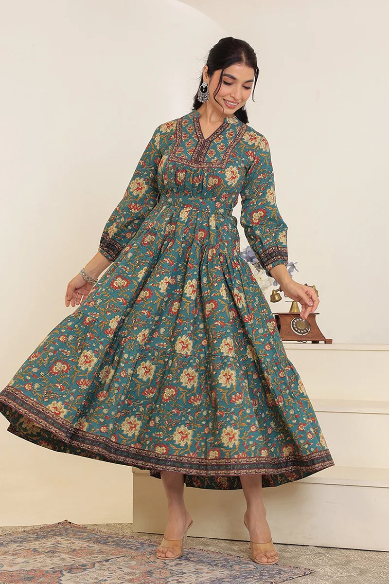 Green Floral Printed Bishop Sleeves Ethnic A-Line Maxi Dress