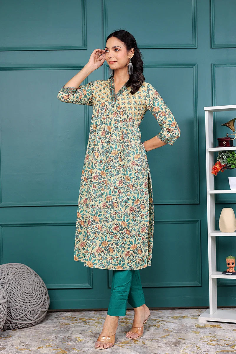 Light Yellow Floral Printed V Neck Kurta