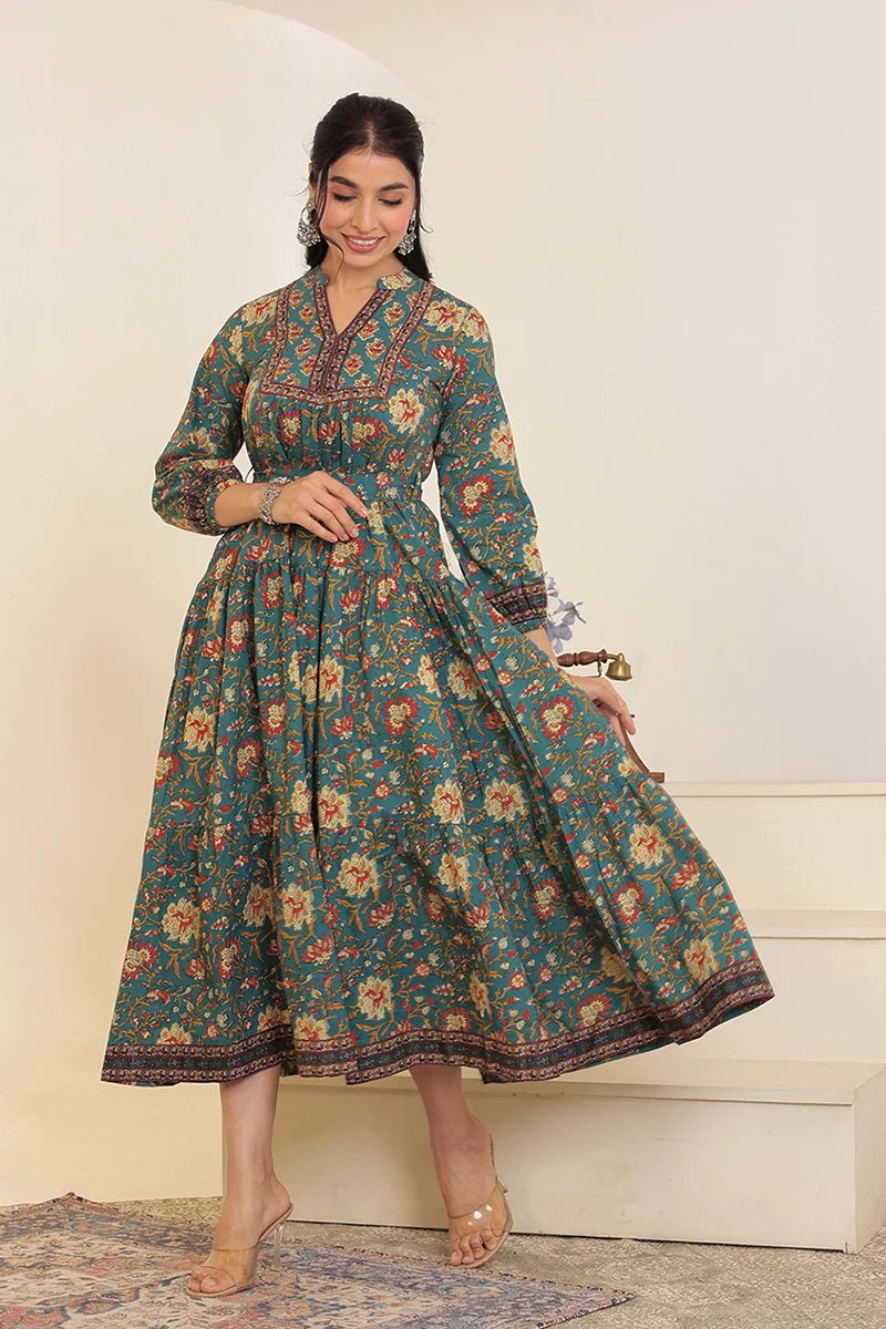 Green Floral Printed Bishop Sleeves Ethnic A-Line Maxi Dress
