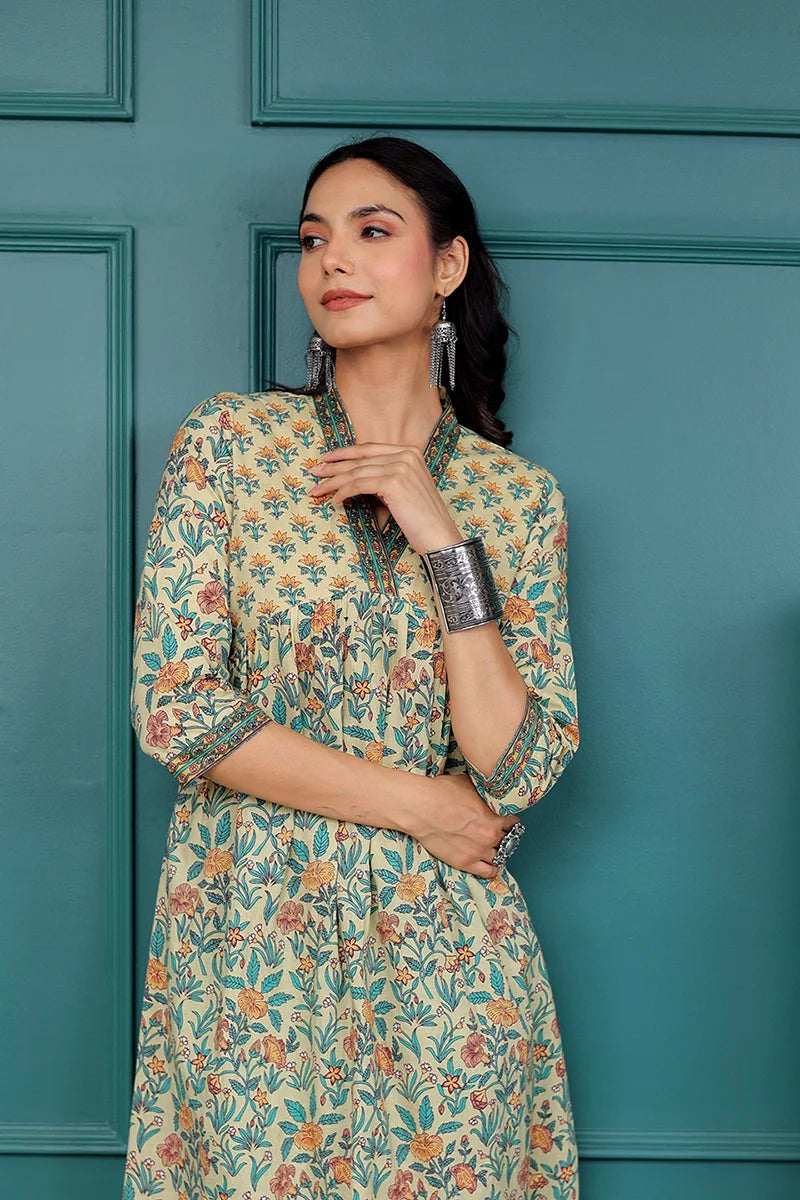 Light Yellow Floral Printed V Neck Kurta