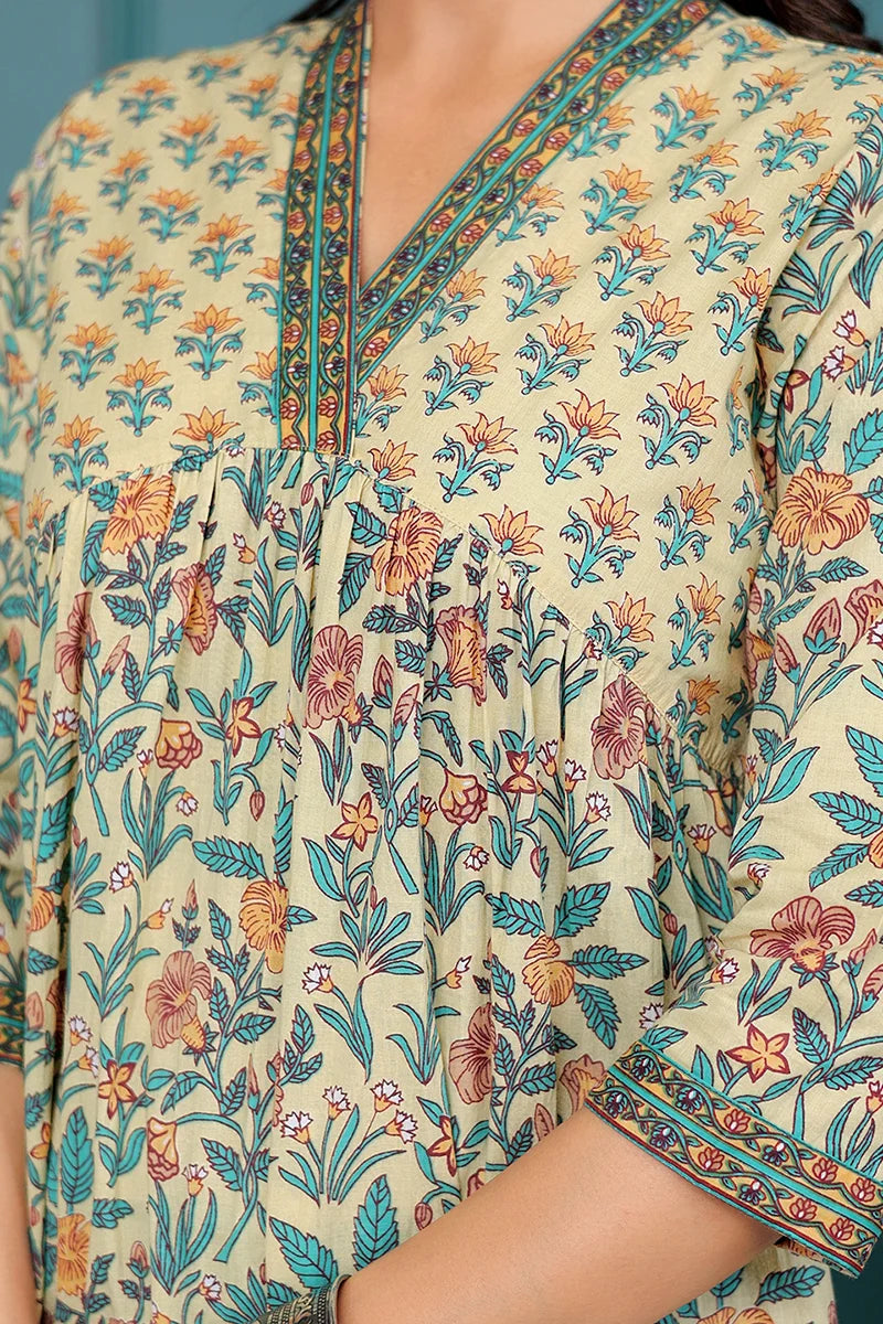 Light Yellow Floral Printed V Neck Kurta