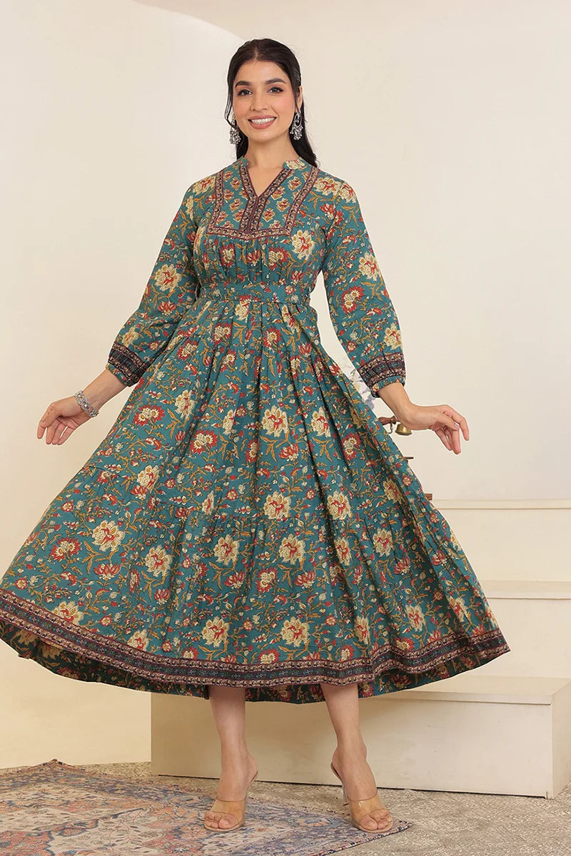 Green Floral Printed Bishop Sleeves Ethnic A-Line Maxi Dress