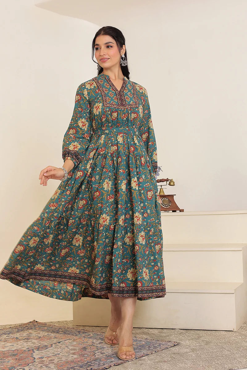 Green Floral Printed Bishop Sleeves Ethnic A-Line Maxi Dress