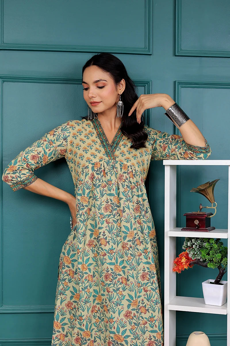 Light Yellow Floral Printed V Neck Kurta