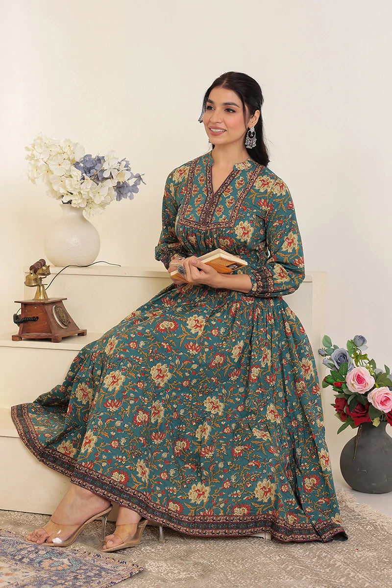 Green Floral Printed Bishop Sleeves Ethnic A-Line Maxi Dress