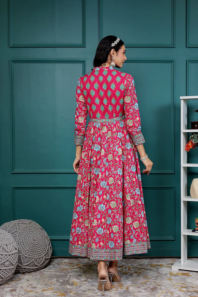 Pink Anarkali Cotton Hand Block Printed Ethnic Maxi Dress