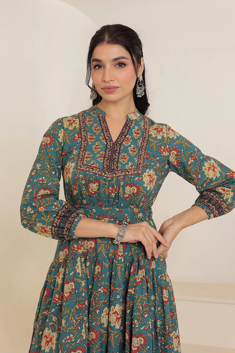Green Floral Printed Bishop Sleeves Ethnic A-Line Maxi Dress