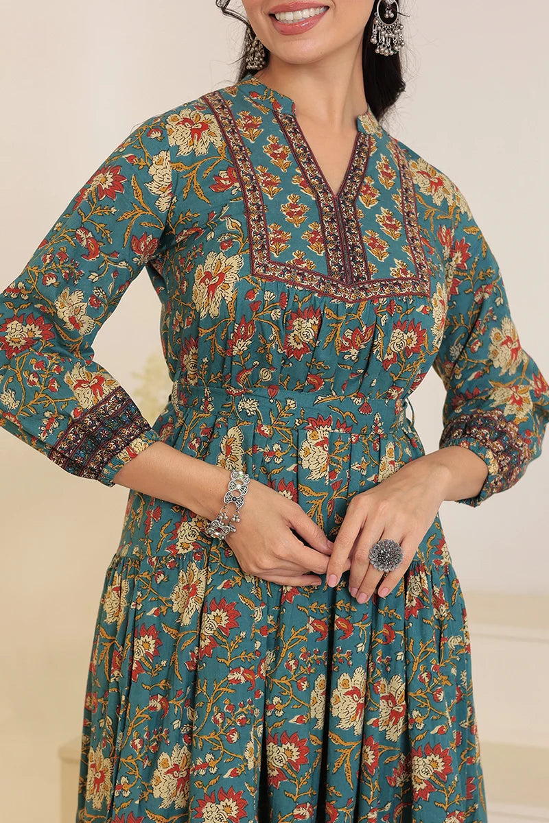 Green Floral Printed Bishop Sleeves Ethnic A-Line Maxi Dress
