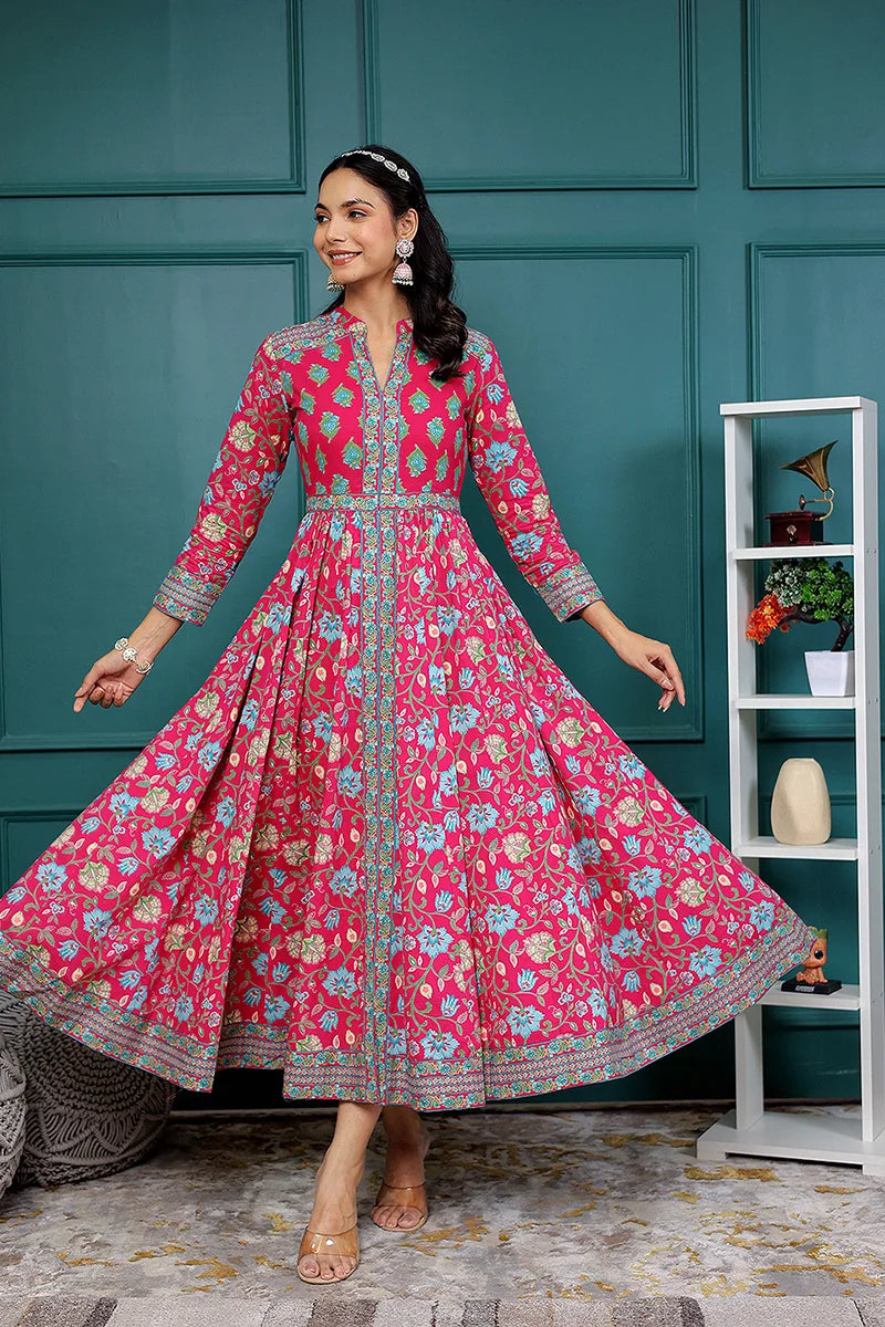 Pink Anarkali Cotton Hand Block Printed Ethnic Maxi Dress