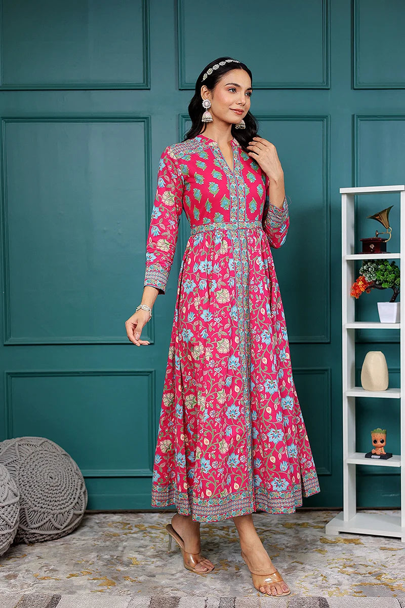 Pink Anarkali Cotton Hand Block Printed Ethnic Maxi Dress