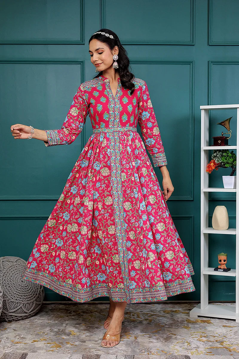 Pink Anarkali Cotton Hand Block Printed Ethnic Maxi Dress