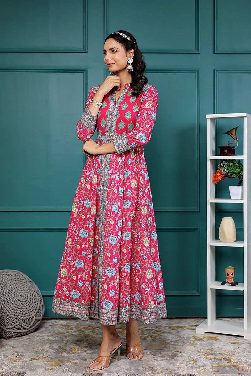Pink Anarkali Cotton Hand Block Printed Ethnic Maxi Dress